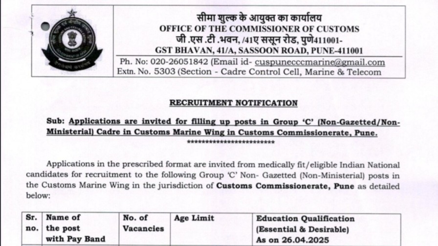 Pune custom bharti 2025 : पुणे सीमाशुल्क आयुक्तालयात विविध गट 'क' पदांसाठी भरती
